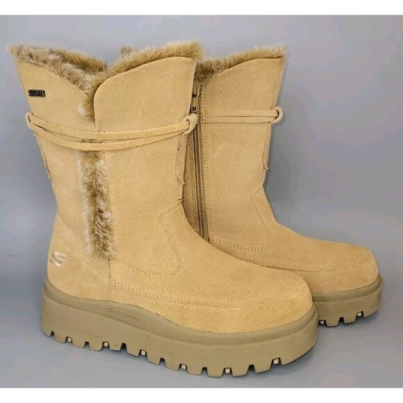 Skechers Suede Chunky Combat Boots Womens 6.5 Tan Strap Side Zip Y2K 90s Grunge - Picture 2 of 16